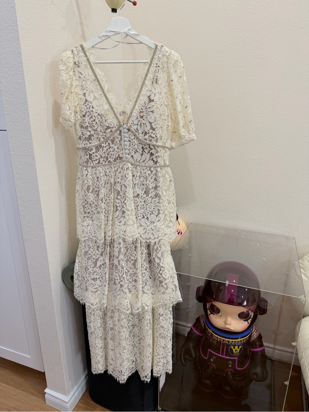 Self-Portrait Cream and Beige Lace Embellished Dress